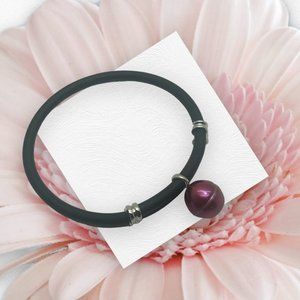 Silver Fresh Water Ringed Pearl Silicon Rubber Bracelet